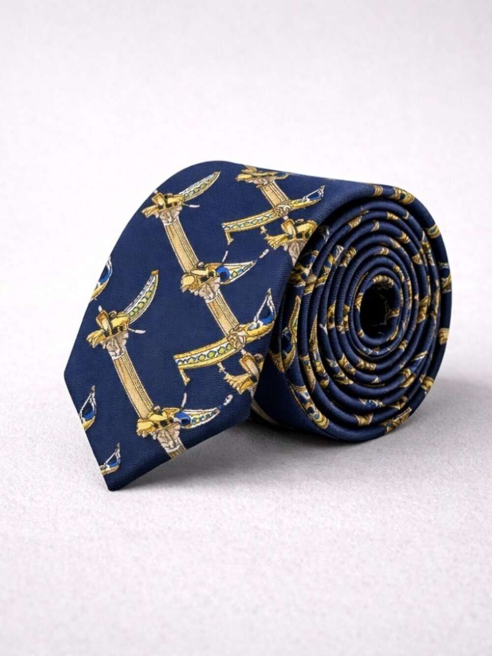 Trevisan Venezia Silk Elegant Navy and Gold Mens Tie Gondola Print Made in Italy